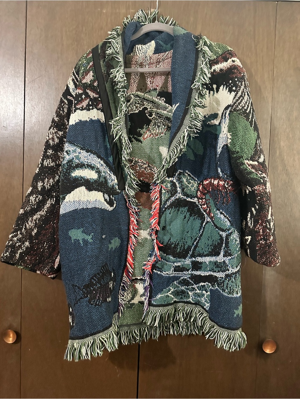 Handmade Fringed Boho Blanket Tapestry Knit Cardigan Blue & Green Animals Sz XL - Picture 16 of 16